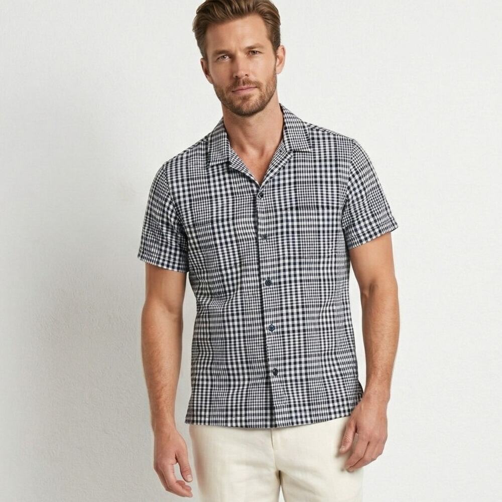 MR TURK Men's Camp Collar Shirt Check Blue & White check size Small
